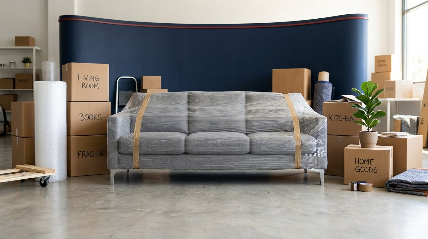 Home Shifting sofa carefully wrapped in protective film with stacked boxes