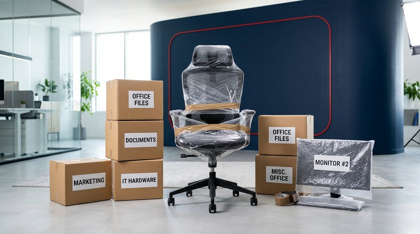 Office Shifting ergonomic chair wrapped in plastic with organized IT boxes