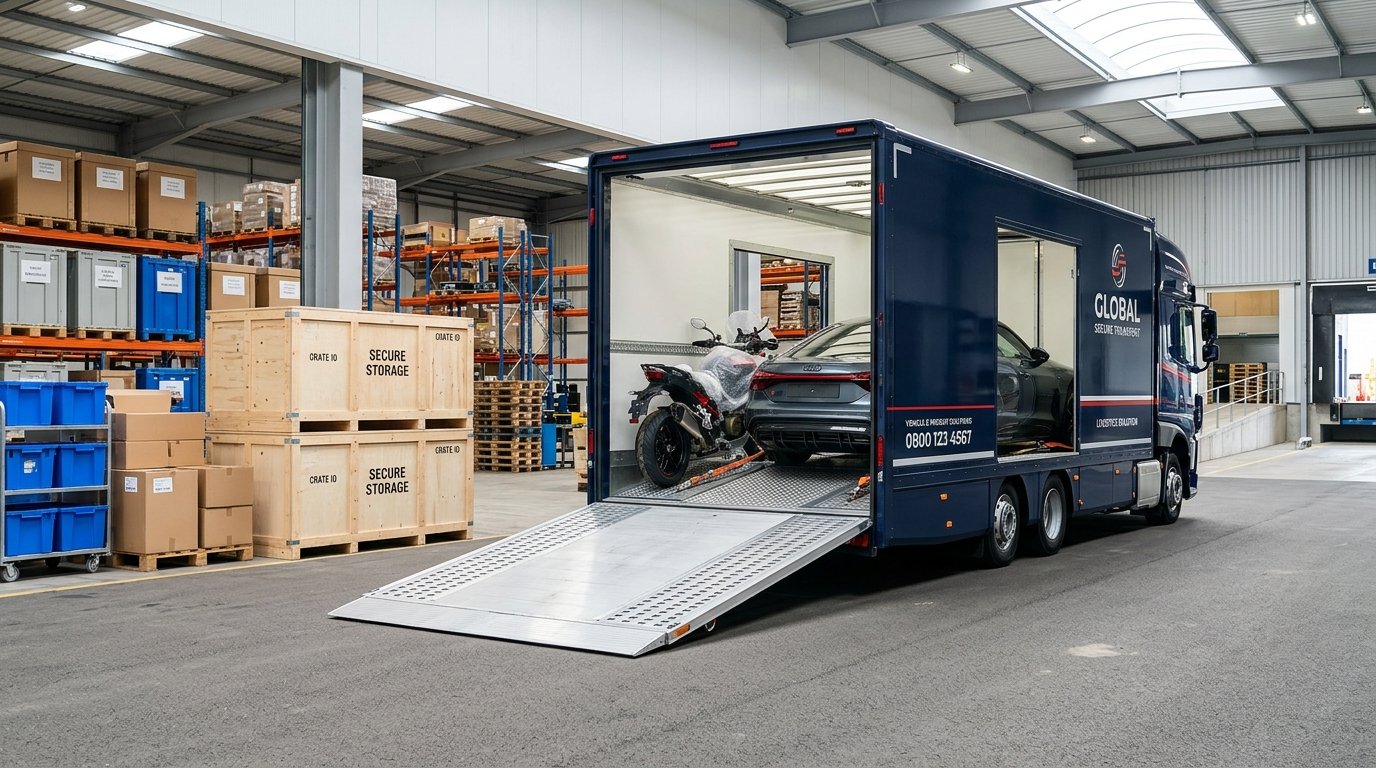 Vehicle transportation carrier truck and secure storage warehouse